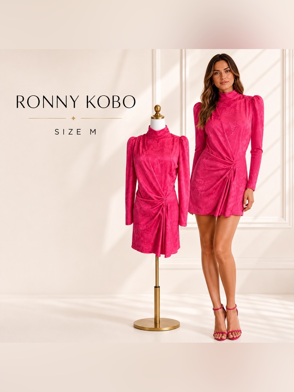 Ronny Kobo Hot Pink Jacquard Mini Dress M Draped Mock Neck Wedding Guest Party